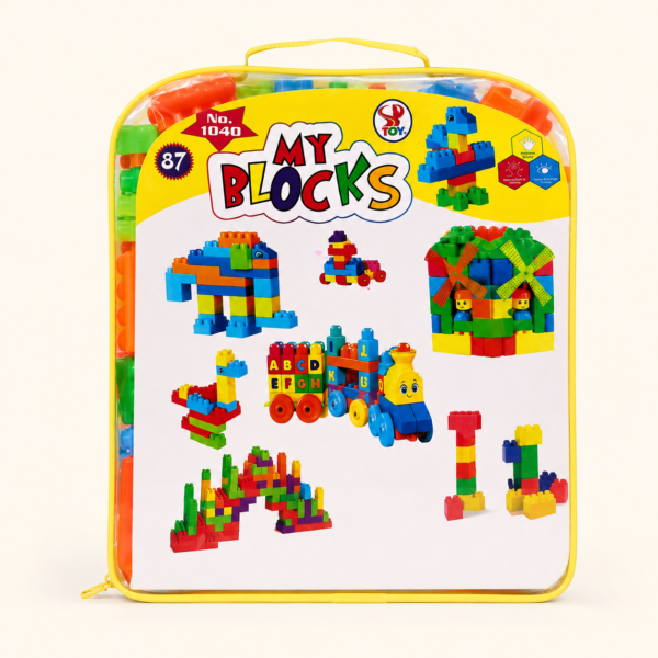 Front of the My Blocks carry bag showing models built from the set