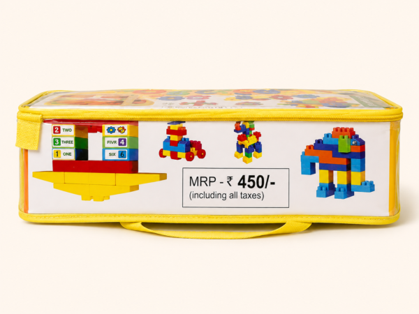 Side panel of the My Blocks bag showing the printed MRP