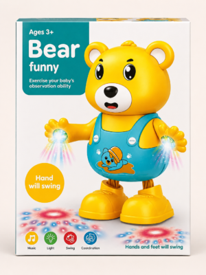 Bear Funny dancing bear toy in its box, arms out on a light-up base