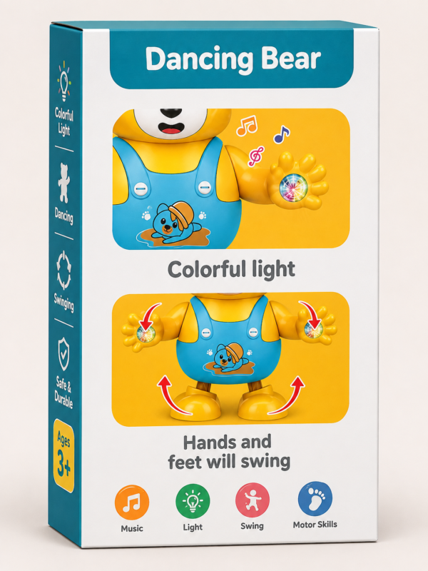 Side of the Bear Funny box showing the colourful lights and swinging arms