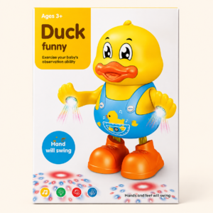 Duck Funny dancing duck toy in its box, arms out and feet on a light-up base