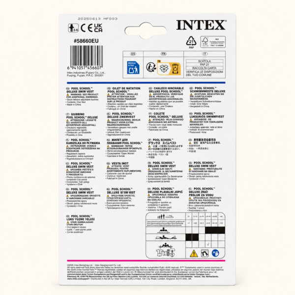 A041 2 Back of the Intex swim vest pack with sizing, weight range and safety notes