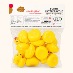 Back of the rubber duck bath set pack showing age and safety information