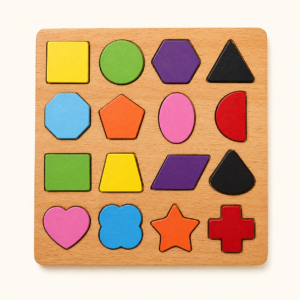 Wooden shapes and colours puzzle board with 16 coloured shape pieces