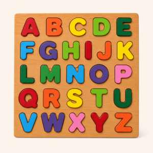 Wooden A–Z alphabet puzzle board with all 26 coloured letter pieces in place