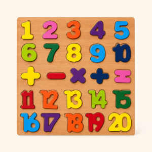 Wooden puzzle board with numbers 1 to 20 and five math symbol pieces