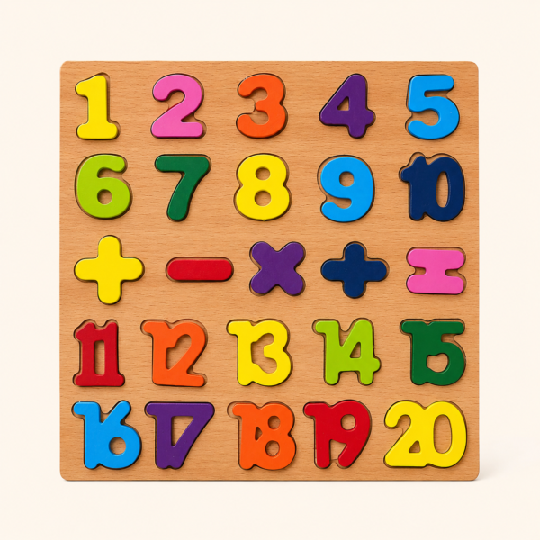 A046 Wooden puzzle board with numbers 1 to 20 and five math symbol pieces