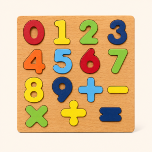Wooden 0–9 numbers and math symbols puzzle board with all pieces in place
