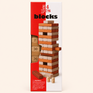 Wooden tumbling tower with 54 numbered blocks stacked, beside its box