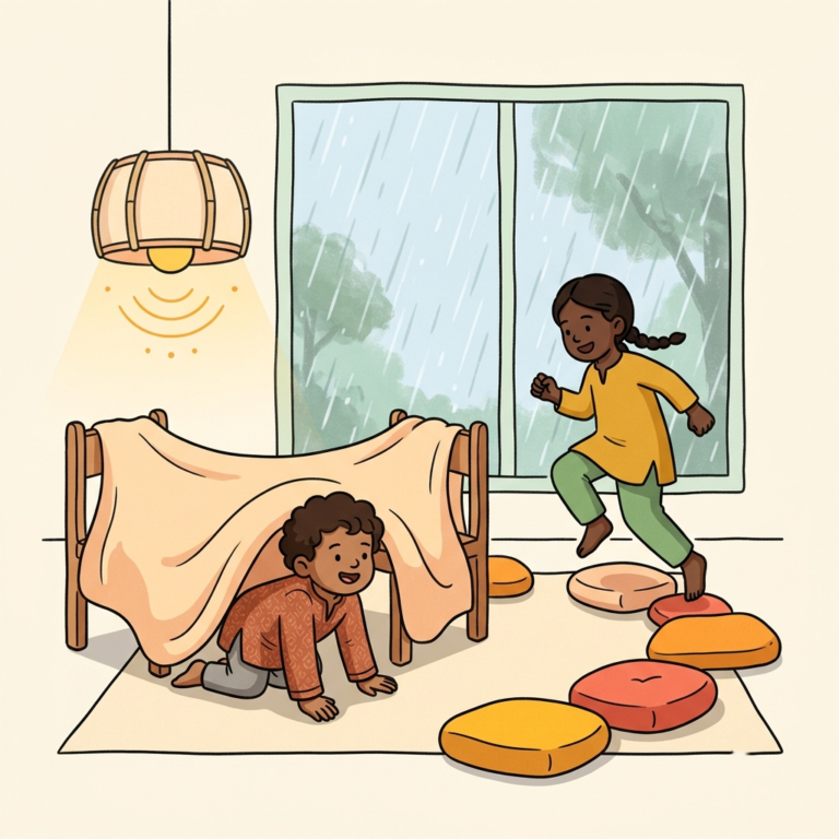 Two children playing a bedsheet-tunnel and cushion-jumping game indoors while it rains outside