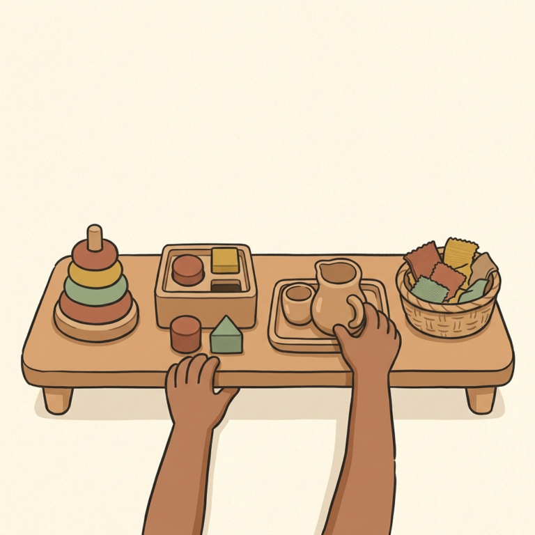 A low wooden shelf with a ring stacker, shape sorter, pouring tray and fabric basket