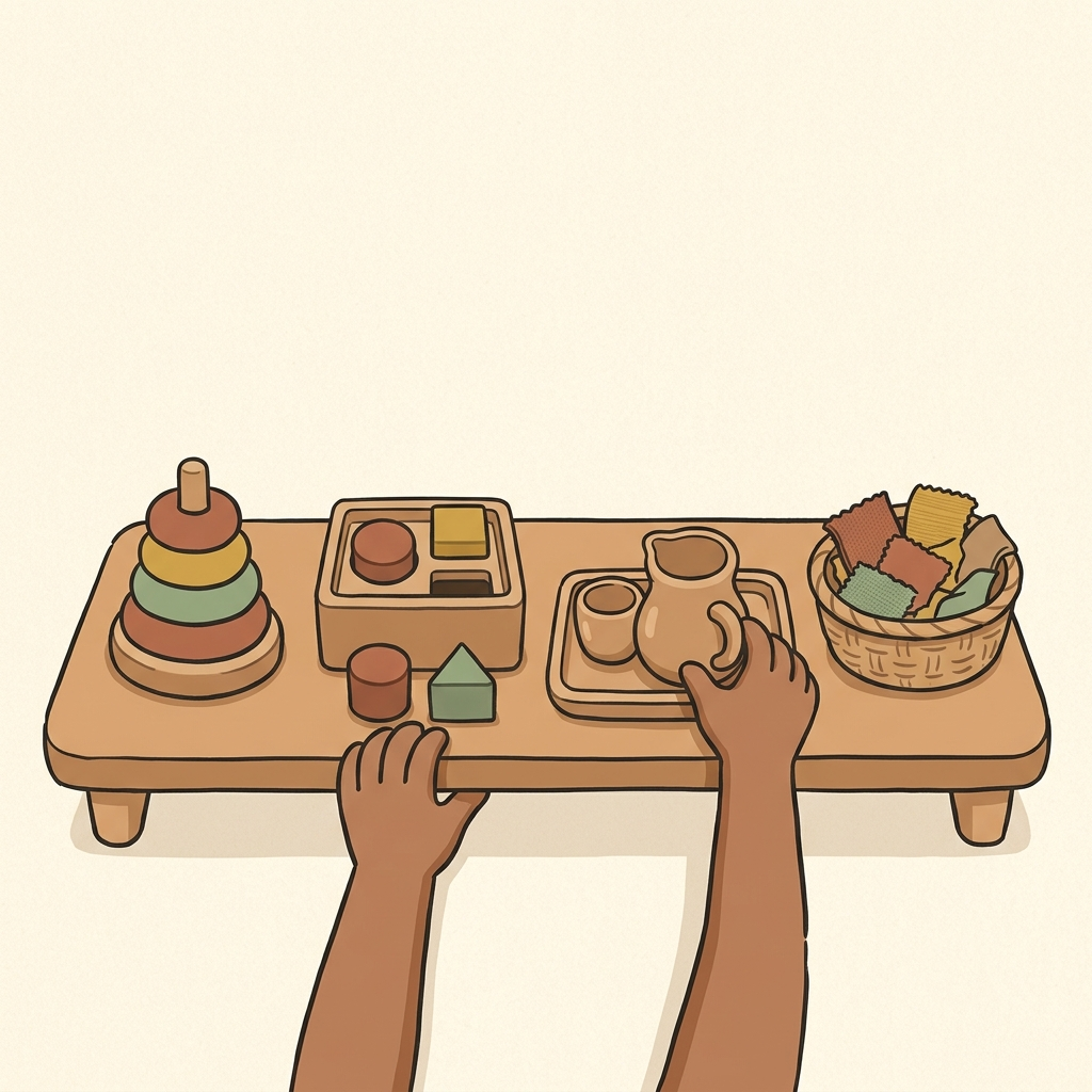 A low wooden shelf with a ring stacker, shape sorter, pouring tray and fabric basket
