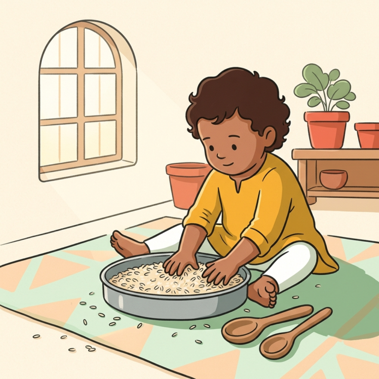 A toddler playing with dry rice and wooden spoons in a steel tray at home