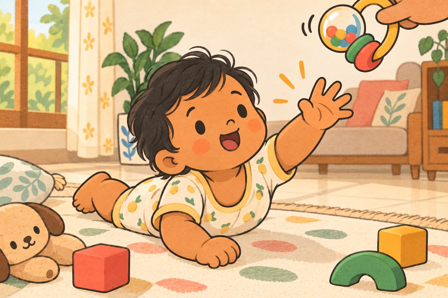 A baby about six months old reaching up towards a colourful rattle on a soft mat at home
