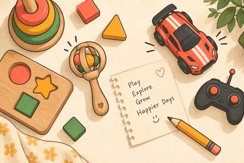 Wooden toys, a rattle and a small remote-control car laid out on cream paper with a pencil and a handwritten note