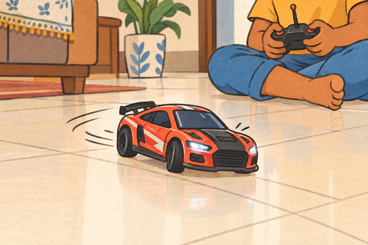 A remote-control car mid-turn on a tile floor with a child’s feet and the remote just behind it