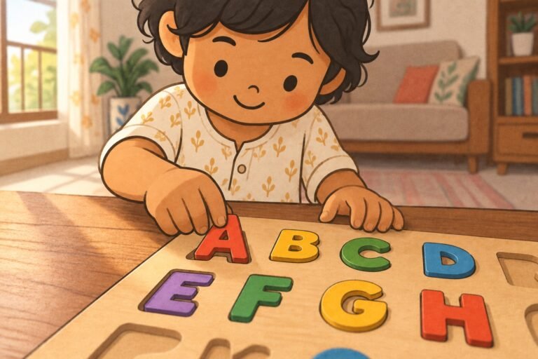 A young child fitting a wooden letter into an alphabet puzzle board on a table in warm afternoon light